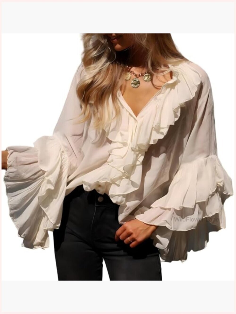 Flowy Chiffon Ruffled V-Neck Long Sleeve Peplum Blouse Tie Front Sheer Top